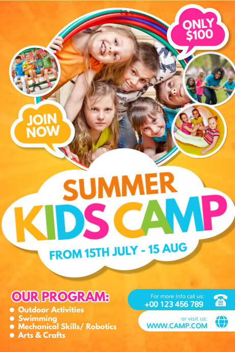 kids summer camp, summer camp, holidays Poster template