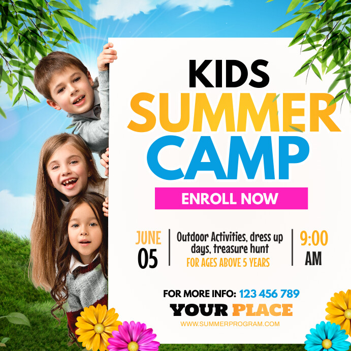 kids summer camp, summer camp, holidays Instagram Post template