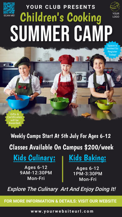 Kids summer camp,cooking classes Instagram Story template