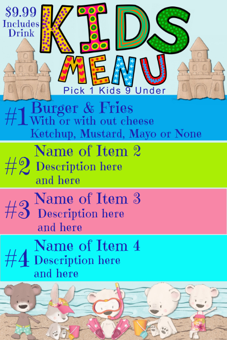 Kids Summer Theme Fun Colorful Menu | PosterMyWall