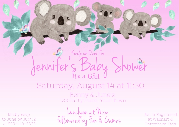 Koala Baby Girl Shower Invitation Template Postermywall Koala Baby Girl Shower Invitation Template Postermywall