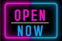 Label open now neon video flyer Rótulo template