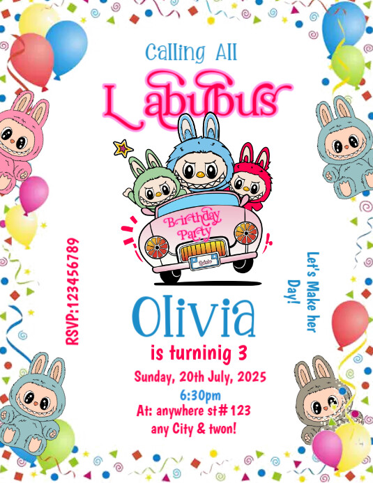 Labubu Birthday Invitation Flyer, Kids Birthday Invitation Template ...