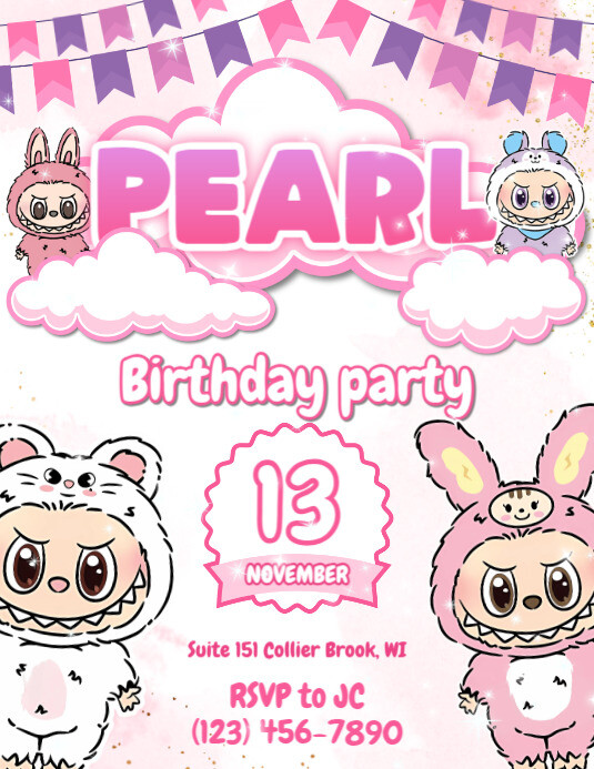 Labubu Birthday Invitation pastel Template | PosterMyWall