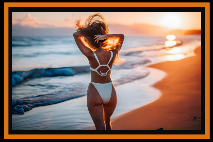 Lady in bikini at beach photo shoot Plakat template