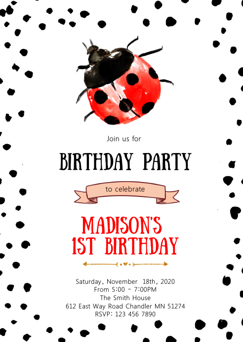 Ladybug birthday party invitation A6 template