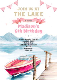 Lake speed boat girl party invitation A6 template