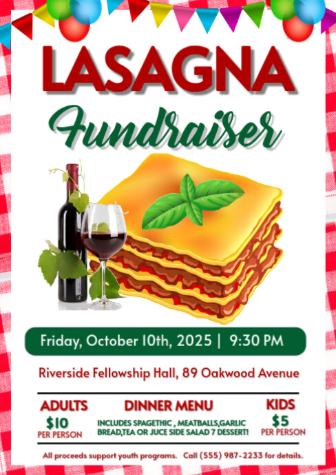 Lasagna Dinner Fundraiser Flyer Ticket A6 template