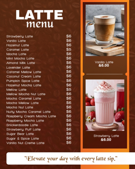 Latte Menu Flyer | Coffee Shop Latte Menu Board & Specialty Latte ...
