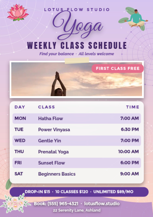Purple Yoga Class Schedule A4 Template | PosterMyWall