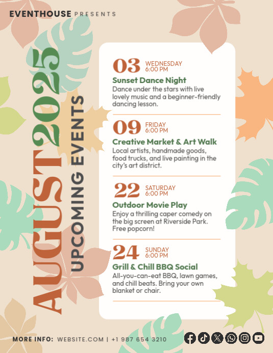 Leaves August Event Calendar Flyer – Elegant Pastel Summer Schedule Pamflet (VSA Brief) template