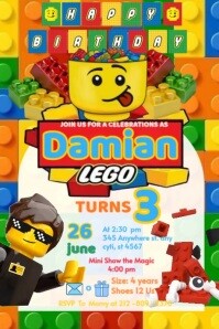 Lego Invitation Brithday Party Temple Flayer Editablet Celebration Kids  Poster Póster template