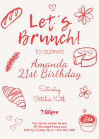 Let's Brunch Trendy Hand-drawn invitation A6 template