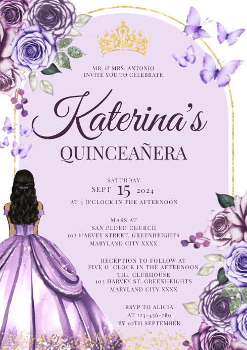 Light Purple Floral Quinceañera Invitation A4 template