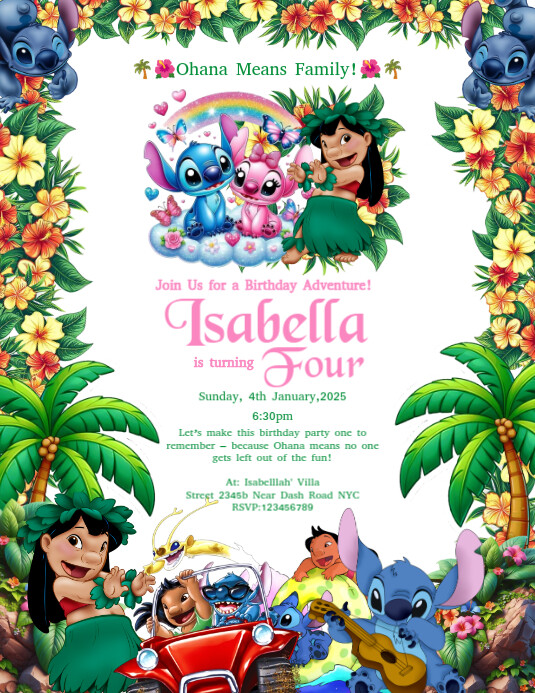 Lilo and Stitch birthday invitation, tropical party theme, kids birthday party ideas, Hawaiian party Flyer (US Letter) template