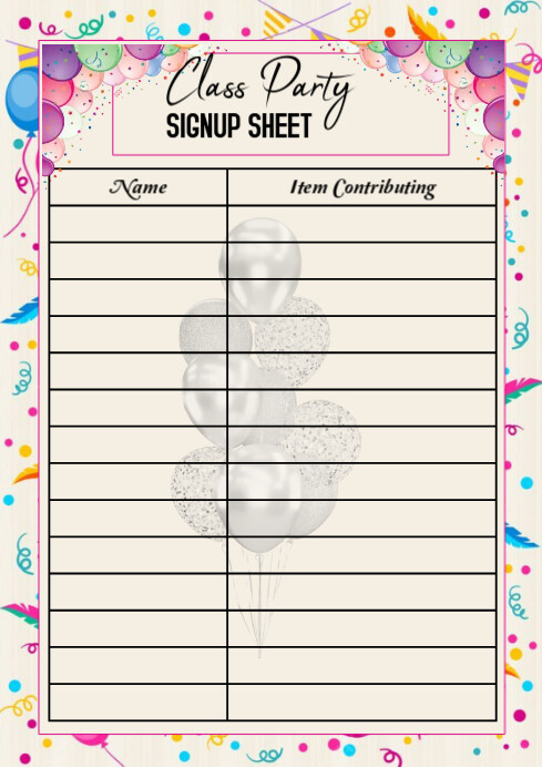 List-based Class Party Signup Sheet A4 template