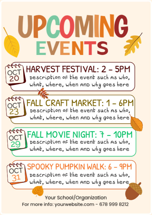 Plantilla de List-based Fall Upcoming Events Schedule A4 | PosterMyWall