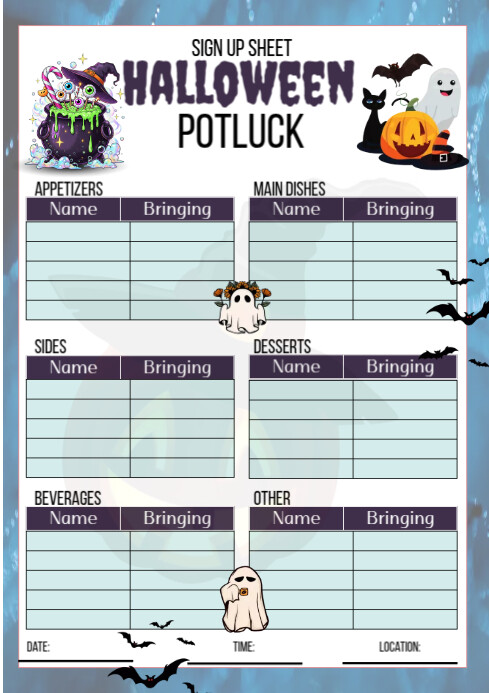 List-based Halloween Potluck Signup Sheet A4 template