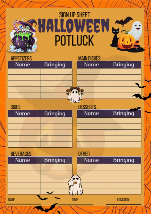 List-based Halloween Potluck Signup Sheet A4 template