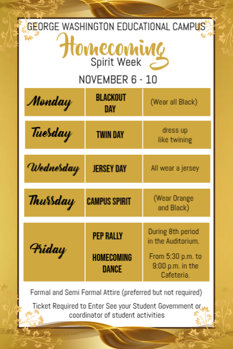 List-based Homecoming Spirit Week Schedule Poster Template | PosterMyWall