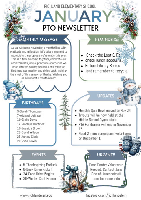 List-based January Pto Classroom Newsletter A4 template