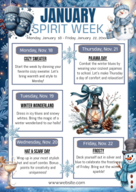 List-based January Spirit Week Event Schedule A6 template