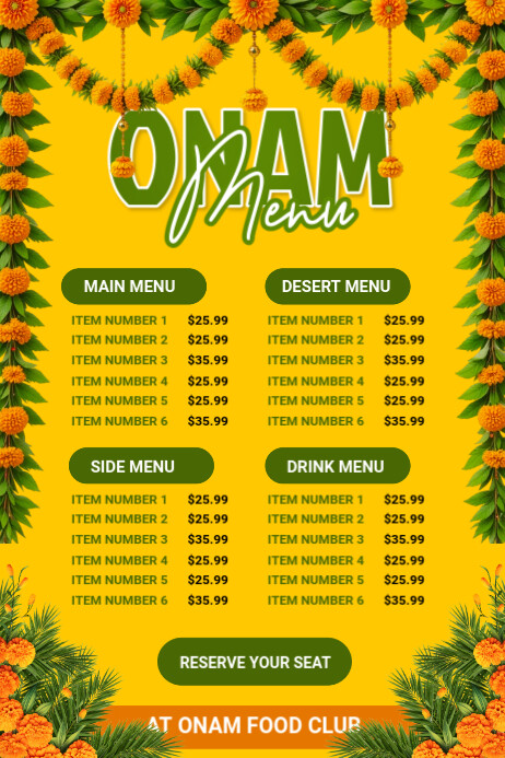 List-based Onam Menu Poster Cartaz template