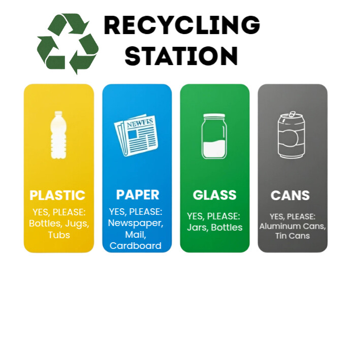 List-based Recycling Station Guide: What Goes Where For Plastic, Paper, Glass & Cans Instagram Post template