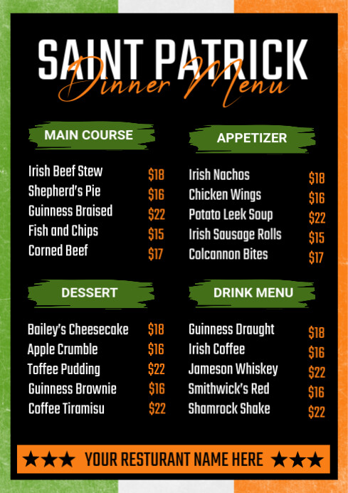 List-based Saint Patrick's Menu A4 template