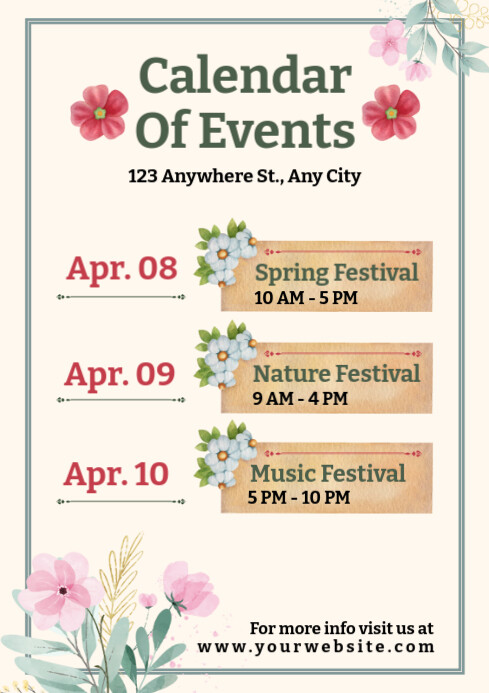 List-based Spring Calendar Of Events A2 template