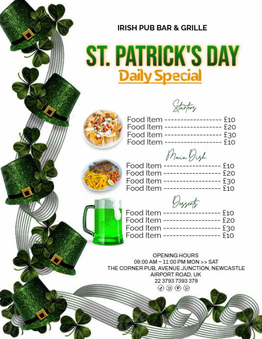 List-based St. Patrick's Day Menu  Flyer (us Letter) 传单(美国信函) template
