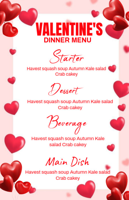 List-based Valentine's Dinner Menu Tabloid template