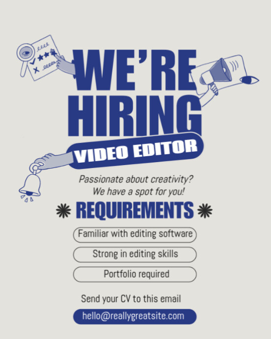 List-based We're Hiring Video Editor Poster – Creative Job Vacancy Flyer Template Instagram Portrait
