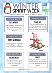 List-based Winter Spirit Week Event Schedule A6 template