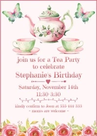 Little Girl's Tea Party Birthday Invitation A6 template