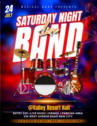 Live Band drumset performance Saturday night event concert invitation promotion flyer template Volante (Carta US)
