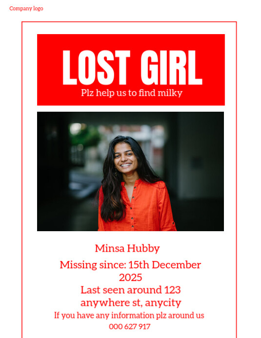 Lost girl missing report Pamflet (VSA Brief) template