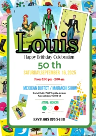 Mexican lottery | Loteria invitation happy Brithday party temple flayer editablet celebration A4 template