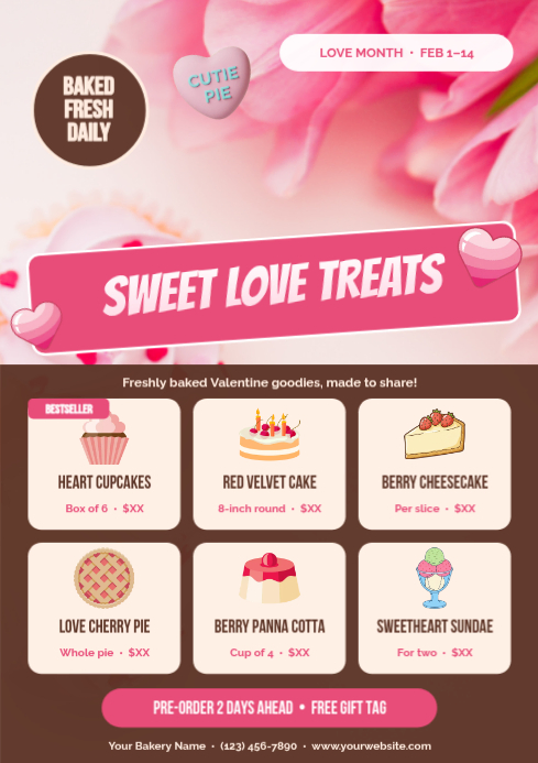 Love Month Bakery Valentine Treats Menu Flyer Template | PosterMyWall