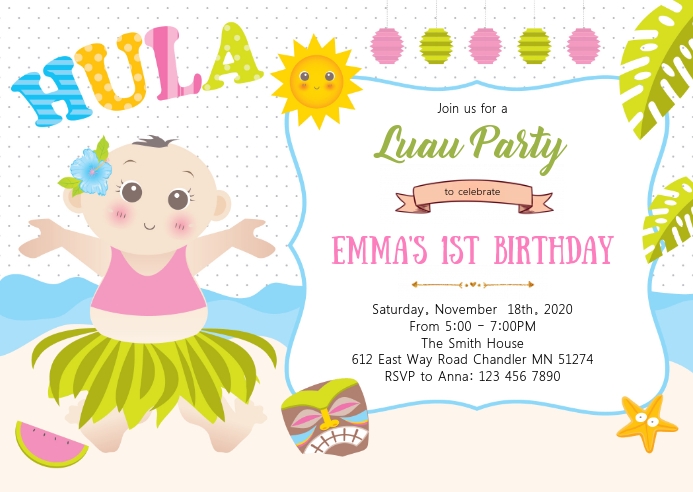 Luau 1st birthday party invitation A6 template