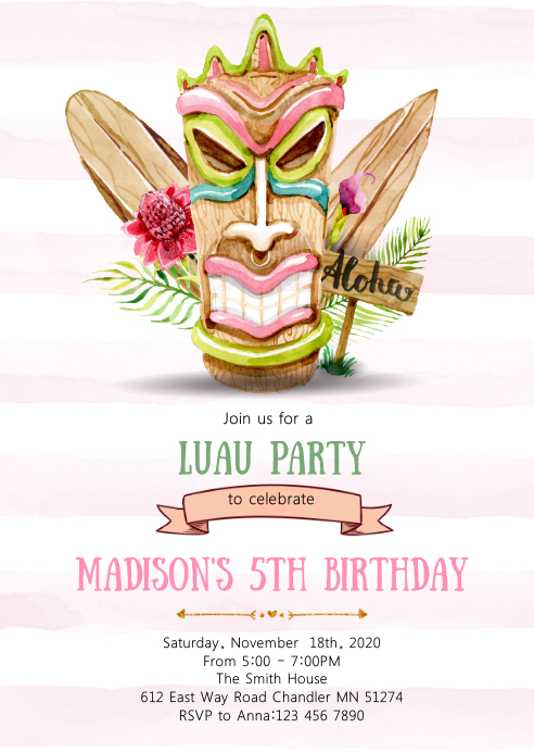 Luau Tiki Birthday Party Invitation Template Postermywall