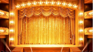 Luxurious Golden Stage Video Background with Sparkling Lights | Elegant Theater Template Digitalt display (16:9)