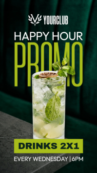 Luxury Black White & Green Happy Hour Story - Modern 2x1 Drinks Promo Club Instagram Story template