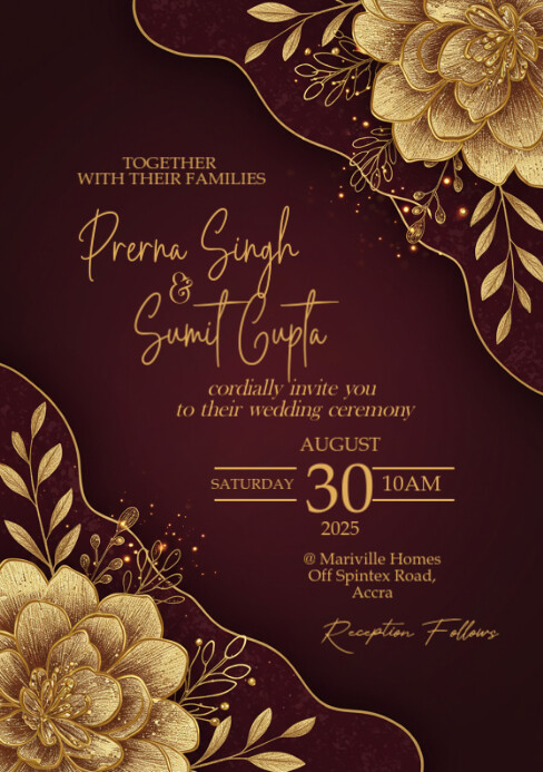 Luxury Burgundy and Gold Wedding Invitation A5 template