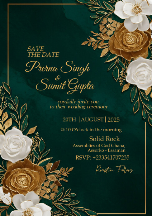 Luxury Emerald Green Wedding Invitation A5 template