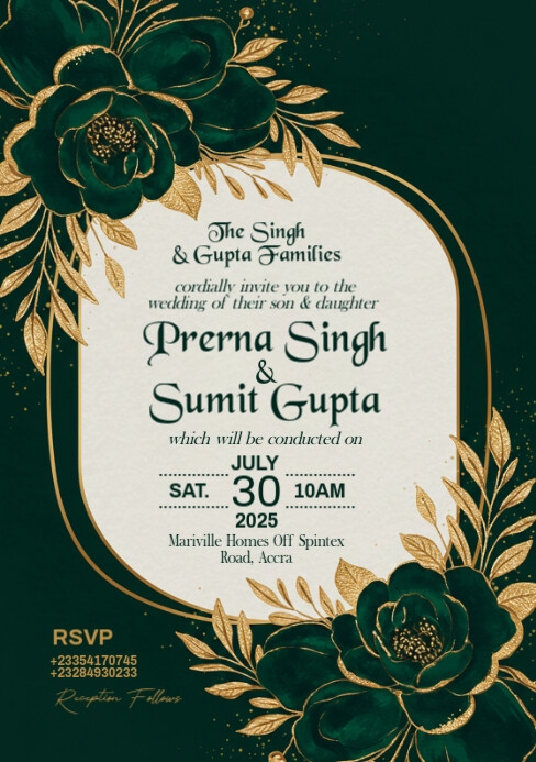 Luxury Emerald Green Wedding Invitation A5 template