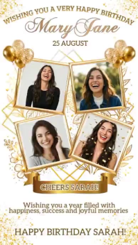 Luxury Gold Birthday Photo Collage Template, Editable Happy Birthday Poster, Elegant Photo Frame Bir Pantalla Digital (9:16)