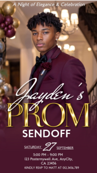 Luxury Prom Sendoff Invitation Template | Elegant Burgundy & Gold Prom Party Flyer | Editable Prom N Ekran reklamowy (9:16)