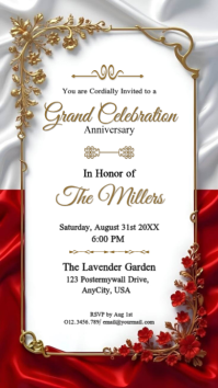 White Luxury Red Gold Anniversary Invitation Template | Elegant Grand Celebration Digital Invite Digitalt display