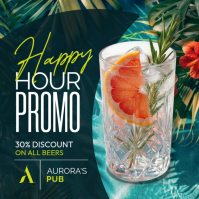 Luxury Tropical Happy Hour Flyer - Botanical Cocktail & Palm Leaves Night Promo Publicación de Instagram template